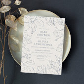 ほこりっぽいエレガントブルーラインアートボタニカルベイビーシャワー 招待状