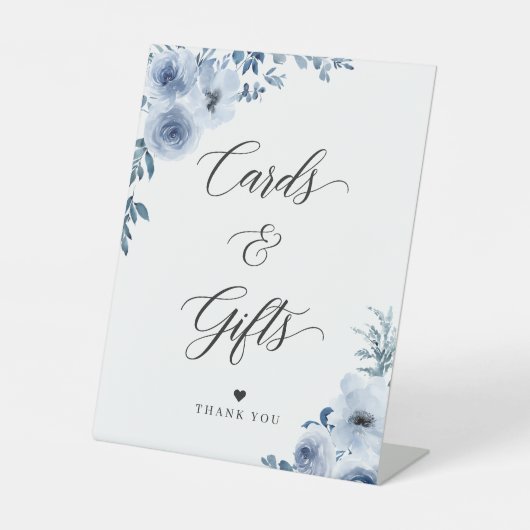 ほこりっぽいエレガント青いフローラカードとギフト 台座サイン (正面)