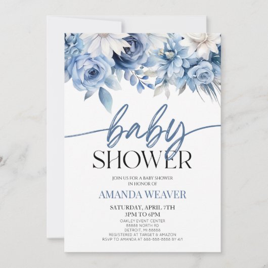 ほこりっぽいエレガント青いフローラ花赤ちゃんシャワー 招待状 (正面)