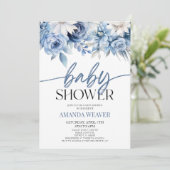 ほこりっぽいエレガント青いフローラ花赤ちゃんシャワー 招待状 (スタンド正面)