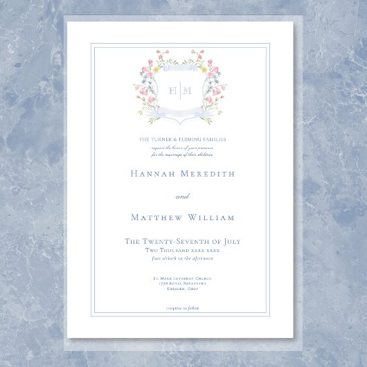 ほこりっぽいエレガント青いワイルドフラワークレストの背景 招待状