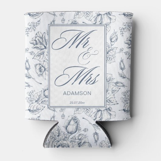 ほこりっぽいエレガント青いヴィンテージバラミスター&ミセス 缶クーラー (正面)