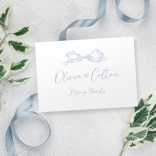 ほこりっぽいエレガント青い手引き弓の結婚音 サンキューカード