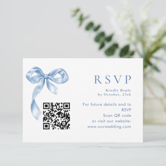 ほこりっぽいエレガント青い手引き弓の結婚音 出欠カード (スタンド正面)