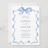 ほこりっぽいエレガント青い手引き弓の結婚音 招待状 (正面)