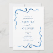 ほこりっぽいエレガント青い手引き弓の結婚音 招待状 (正面)