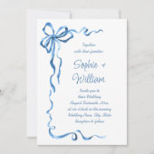 ほこりっぽいエレガント青い手引き弓の結婚音 招待状 (正面)