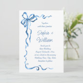 ほこりっぽいエレガント青い手引き弓の結婚音 招待状 (スタンド正面)