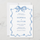 ほこりっぽいエレガント青い手引き弓の結婚音 招待状 (正面)