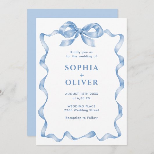 ほこりっぽいエレガント青い手引き弓の結婚音 招待状 (正面/裏面)