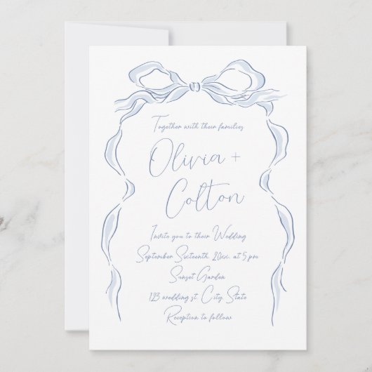 ほこりっぽいエレガント青い手引き弓の結婚音 招待状 (正面)