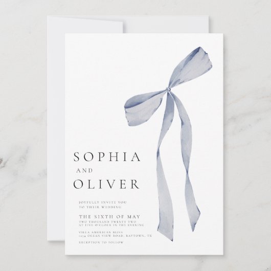 ほこりっぽいエレガント青い手引き弓結婚の 招待状 (正面)