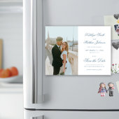 ほこりっぽいエレガント青い書道は日付を保存 マグネット招待状