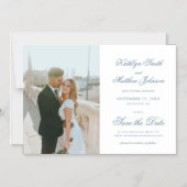 ほこりっぽいエレガント青い書道は日付を保存 マグネット招待状 (正面)