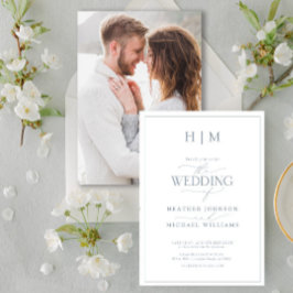 ほこりっぽいエレガント青い書道モノグラム写真 招待状