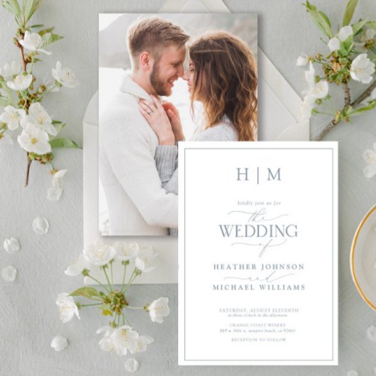 ほこりっぽいエレガント青い書道モノグラム写真 招待状