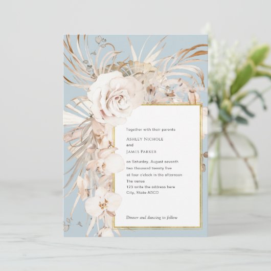 ほこりっぽいエレガント青い水色の庭園花 招待状 (スタンド正面)