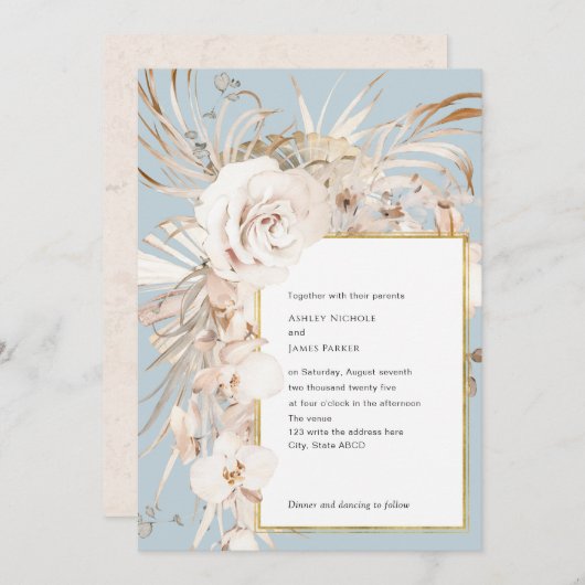 ほこりっぽいエレガント青い水色の庭園花 招待状 (正面/裏面)