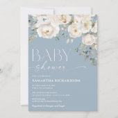 ほこりっぽいエレガント青い白いフローラの男の子のシャワー 招待状 (正面)