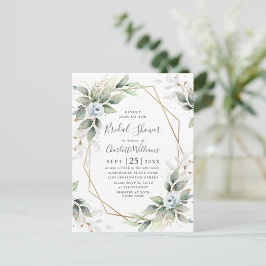 ほこりっぽいエレガント青い葉のブライダルシャワーカード ポストカード (スタンド正面)