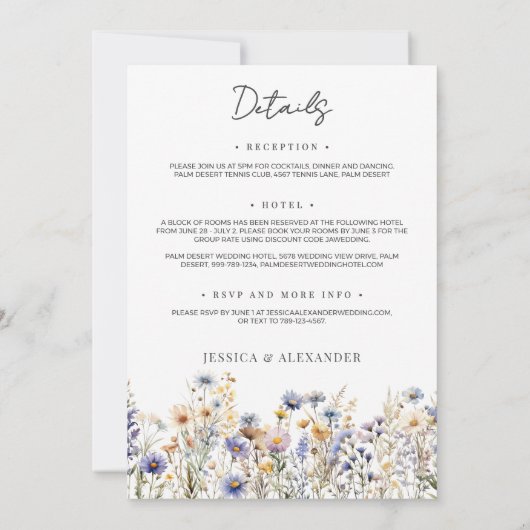 ほこりっぽいエレガント青い野結婚花 招待状 (裏面)