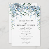 ほこりっぽいエレガント青フローラウォーター結婚カラー 招待状 (正面/裏面)