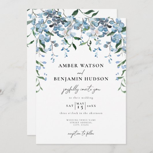 ほこりっぽいエレガント青フローラウォーター結婚カラー 招待状 (正面/裏面)