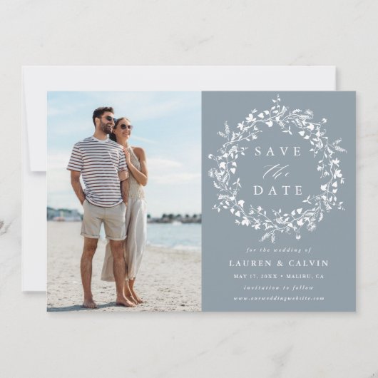 ほこりっぽいエレガント青ボホ・ワイルドフラワー結婚の写真 セーブザデート (正面)