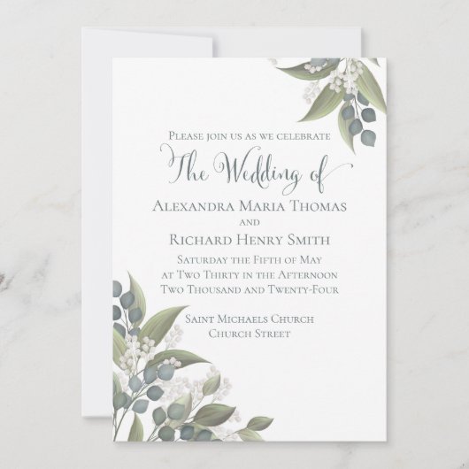 ほこりっぽいエレガント青ユーカリの緑の葉 招待状 (正面)