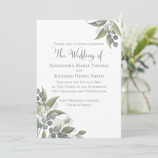 ほこりっぽいエレガント青ユーカリの緑の葉 招待状 (スタンド正面)