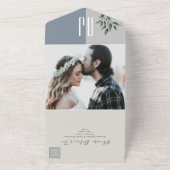 ほこりっぽいエレガント青結婚緑 オールインワン招待状 (外側)