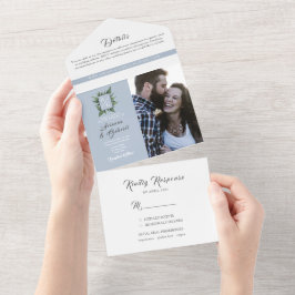 ほこりっぽいエレガント青結婚緑 オールインワン招待状