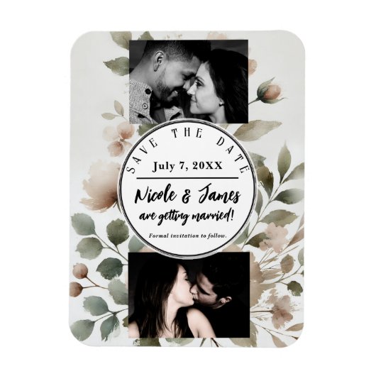 ほこりっぽいオリーブとピンクの水の色のフローラ日付を保存 マグネット (縦)