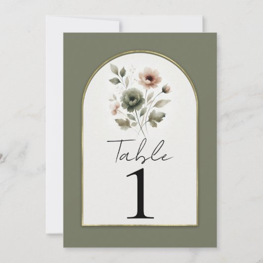 ほこりっぽいオリーブピンク金ゴールド水彩フローラテーブル 招待状 (正面)