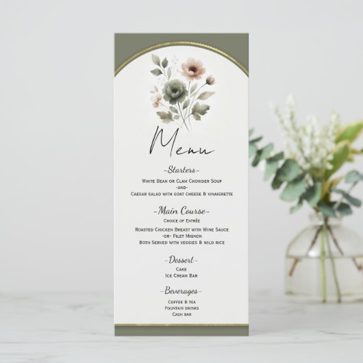 ほこりっぽいオリーブピンク&金ゴールド水彩フローラメニュー メニュー (スタンド正面)