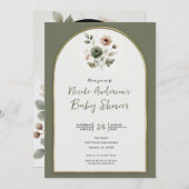 ほこりっぽいオリーブ&ピンクの水色フローラ赤ちゃんシャワー 招待状 (正面/裏面)