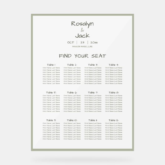 ほこりっぽいカジュアル緑の手書き座席表 アクリルサイン (正面)