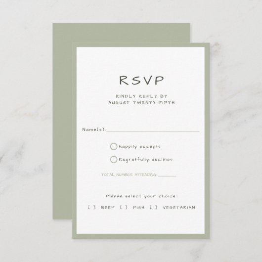 ほこりっぽいカジュアル緑の手書き食事の選択 出欠カード (正面/裏面)