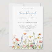 ほこりっぽいカラフル青素朴野結婚花の 招待状 (正面)