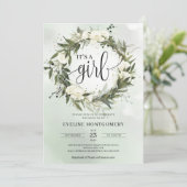 ほこりっぽいグリーンオリーブリースホワイトローズ女の子 招待状 (スタンド正面)
