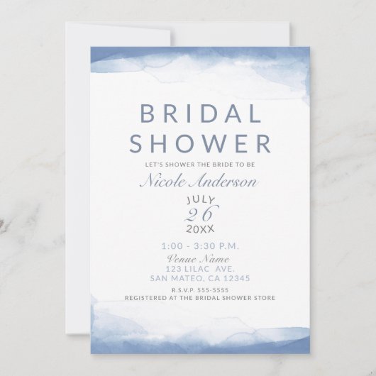 ほこりっぽいコーンフラワーブルーウォーターカラーブライダルシャワー 招待状 (正面)