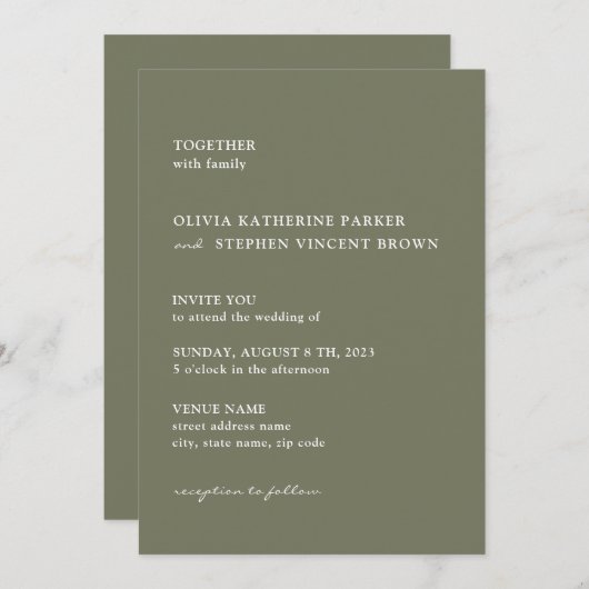 ほこりっぽいシンプルグリーンタイポグラフィモダン結婚ズ 招待状 (正面/裏面)