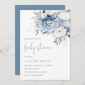 ほこりっぽいスカイブルー&ホワイトフラワーベビーシャワー 招待状 (正面/裏面)