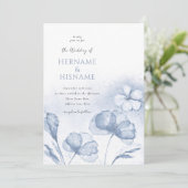 ほこりっぽいスタイリッシュ青フローラウォーター結婚カラー 招待状 (スタンド正面)