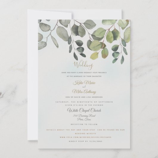 ほこりっぽいターコイズの葉のWebサイトが含ま結婚れる 招待状 (正面)