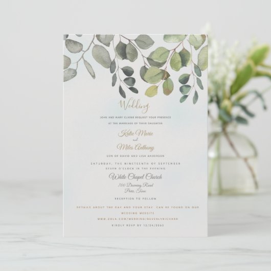 ほこりっぽいターコイズの葉のWebサイトが含ま結婚れる 招待状 (スタンド正面)