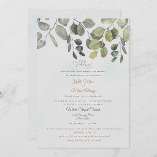 ほこりっぽいターコイズの葉のWebサイトが含ま結婚れる 招待状 (正面/裏面)