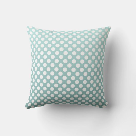 ほこりっぽいティール（緑がかった色）と白い水玉模様パターン クッション (裏面)