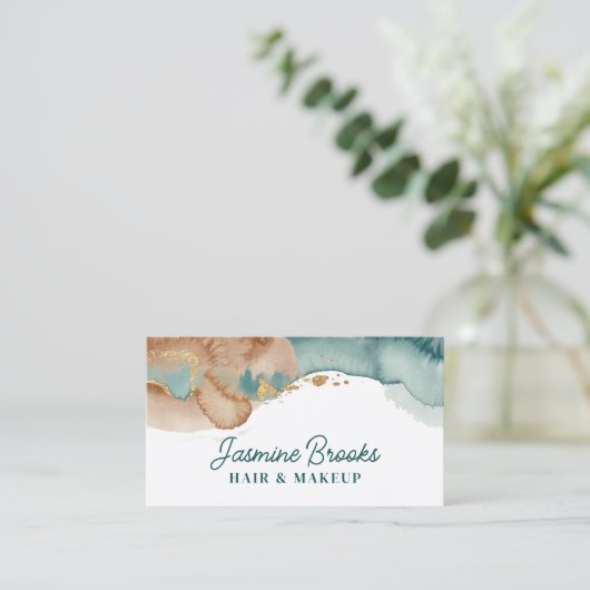 ほこりっぽいティール（緑がかった色）と金ゴールド水彩 名刺 (スタンド正面)