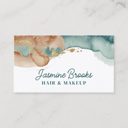 ほこりっぽいティール（緑がかった色）と金ゴールド水彩 名刺 (正面)